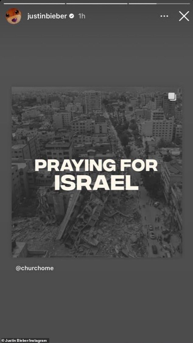 Oops!  On Wednesday, Bieber - who has 596.9 million social media followers - then Instastoried deleted the 'pray for Israel' post, which included a photo of the destruction of Gaza under Hamas rule