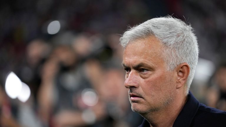 Roma head coach Jose Mourinho walks on the pitch after losing the Europa League final soccer match against Sevilla at the Puskas Arena stadium in Budapest, Hungary, Thursday, June 1, 2023. (AP Photo/ Darko Bandic)