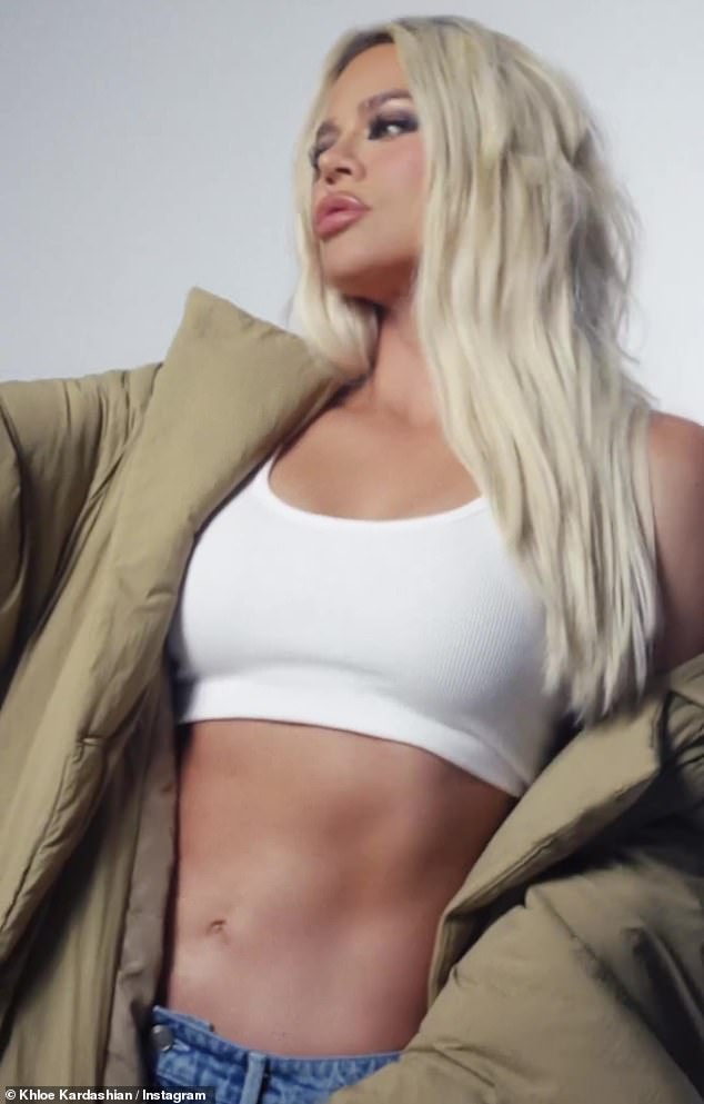 Big belly: Khloe Kardashian shared a new video on Tuesday in support of her latest collection from her Good American brand