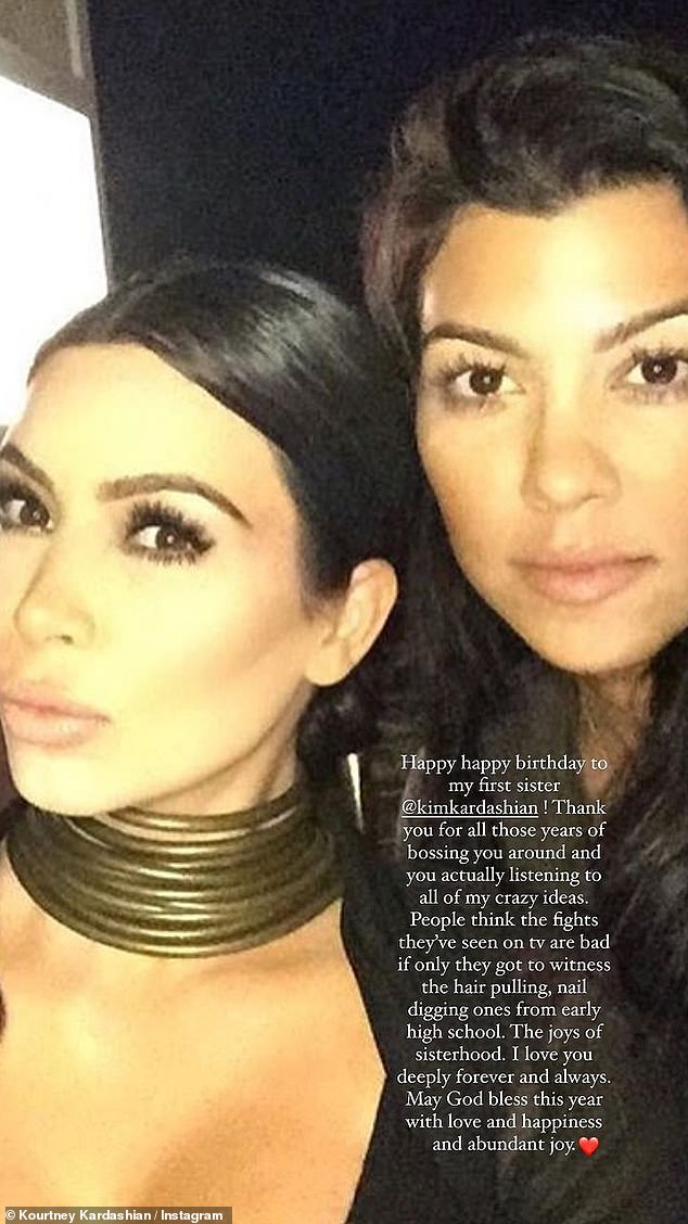 Supportive big sister: Kourtney Kardashian poked fun at her sister Kim's drama in latest Instagram story: 'People think the fights they've seen on TV are bad'