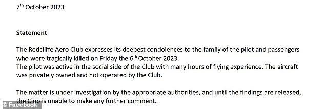 The Redcliffe Aero Club in Queensland released a statement on Saturday saying the pilot was active in their club