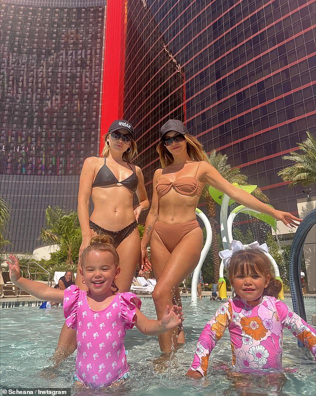 Fun with the little ones: Lala Kent and Scheana Shay had some fun in Sin City this weekend.  The best friends were seen in their tiny bikinis - Lalin's was black and Scheana's was a nude tone - which made the most of their toned figures.  They were seen side by side while standing in the pool at the Resorts World in Las Vegas