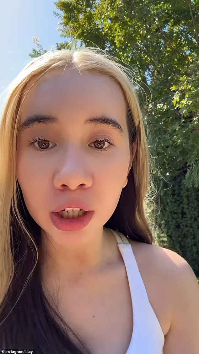 Social media personality Lil Tay (pictured) claims her 'abusive' and 'psycho' father beat her just months after she blamed him for a death hoax that went viral