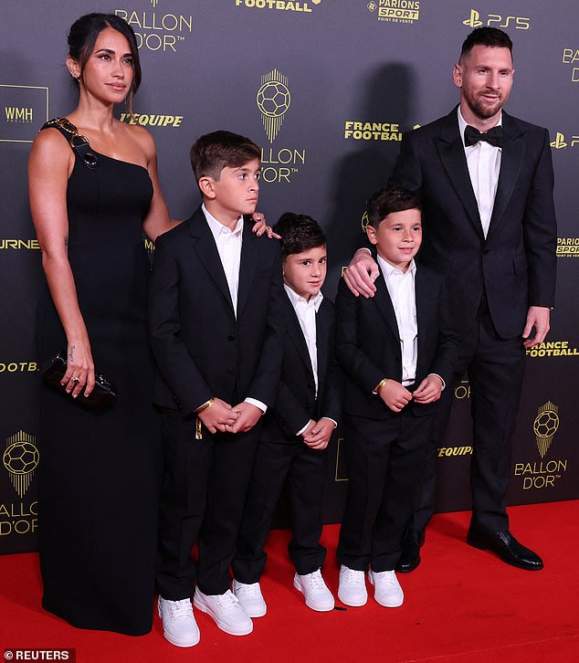 Elegant: Lionel Messi's wife Antonela Roccuzzo looks stunning as she steps out with the family at the 2023 Ballon d'Or Awards