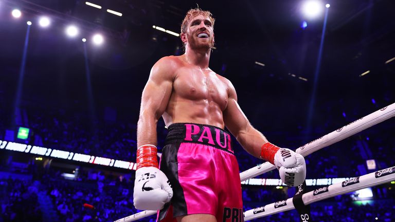 Logal Paul reacts during the Misfits Heavyweight fight between Logan Paul and Dillon Danis at the AO Arena on October 14, 2023 in Manchester, England.  (Photo by Matt McNulty/Getty Images)