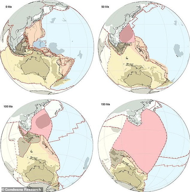 Pontus is highlighted in pink at different time periods - 50 million years ago, 100 million years ago and 150 million years ago