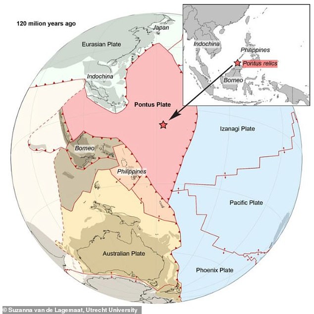 Pictured is the location of the Pontus plate in the paleo-Pacific ocean 120 million years ago.  The oceanic rocks, described as 'Pontian relics', revealed the presence of the plate to researchers, who say it was 'abducted' and lost over millions of years.