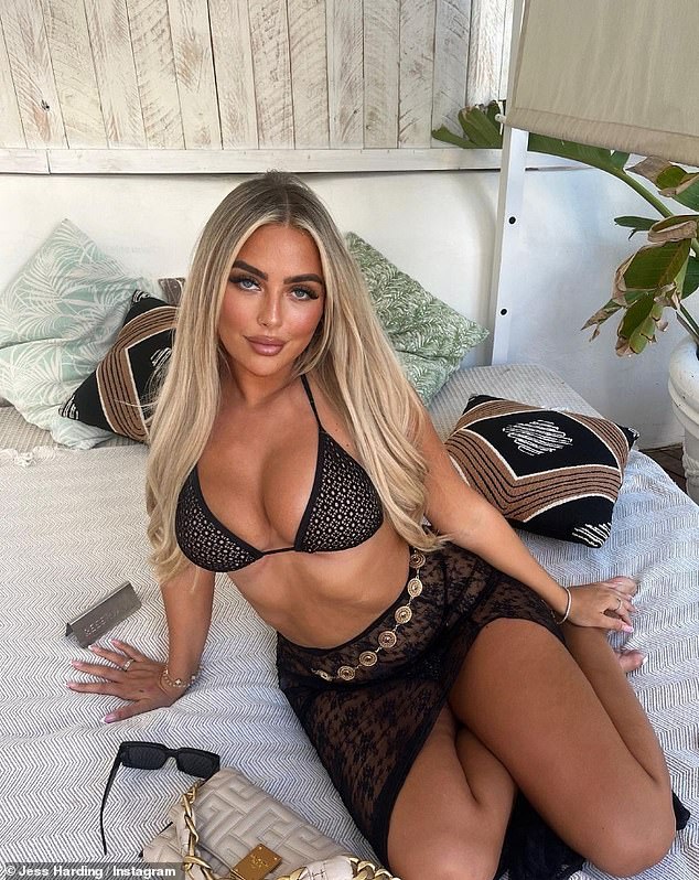 Incredible: Jess Harding sent temperatures soaring on Monday as she posed in a black bikini for a new sizzling photo while on holiday in Ibiza