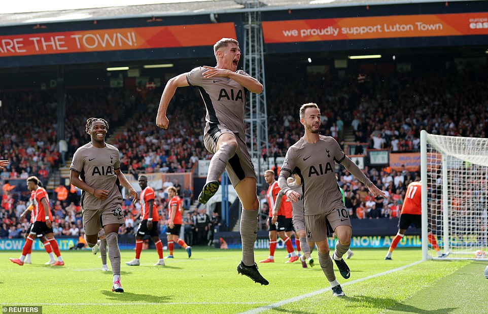 Micky van de Ven scored his first goal for Tottenham to take Ange Postecoglou's side to the top of the Premier League.