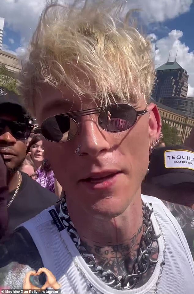 Interesting: The 33-year-old Emo Girl hitmaker – real name Colson Baker (pictured) – was spotted standing in front of the 28-year-old's two-wheeler on a busy street in the Los Angeles suburb of Sherman Oaks on Tuesday