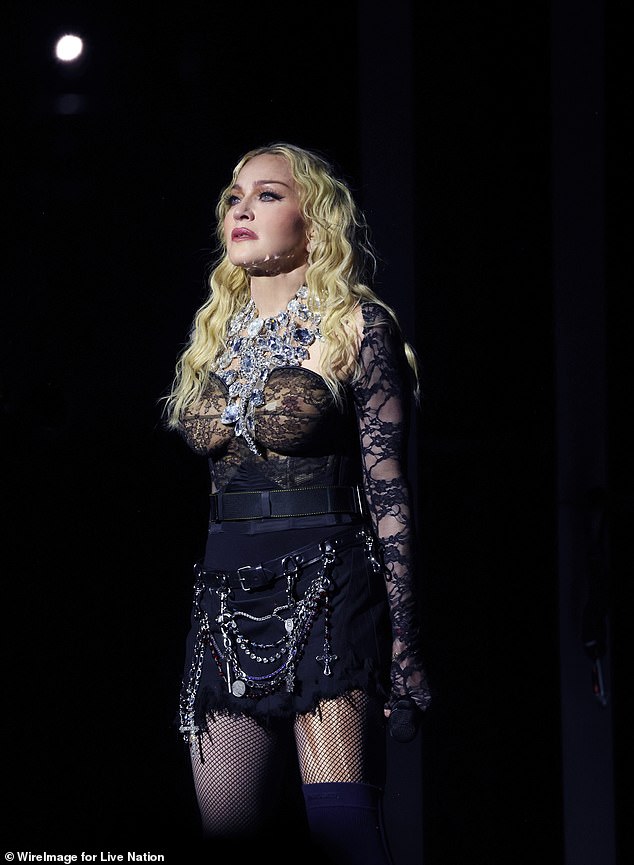 'I'm not feeling very well right now': Madonna has revealed she is currently feeling unwell again, just six days into her 78-date world tour, after a bacterial infection forced her to reschedule her concert series;  pictured in London on October 15
