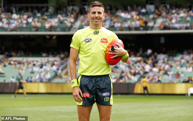 The investigation into the Brownlow Medal betting scandal continues after it came to light this week.  Police carried out raids on employees of the referee at the center of the saga ahead of this year's vote counting (pictured, former AFL on-field umpire Michael Pell)