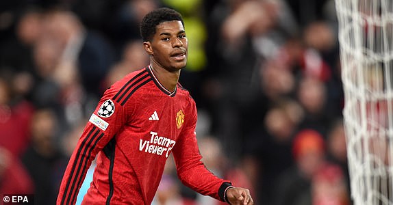 epa10898518 Marcus Rashford of Manchester United looks on during the UEFA Champions League Group A match between Manchester United and Galatasaray Istanbul in Manchester, Great Britain, October 3, 2023. EPA/PETER POWELL