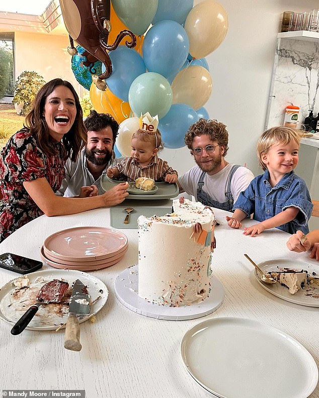 Happy mom: Mandy Moore looked overjoyed as she celebrated her son Ozzie's first birthday with husband Taylor Goldsmith this weekend