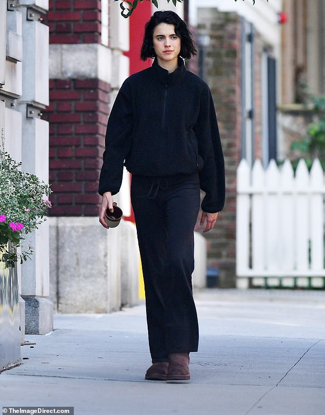 Goth girl: Margaret Qualley rocked a casual chic look as she stepped out in New York City on Monday - a month after marrying Jack Antonoff