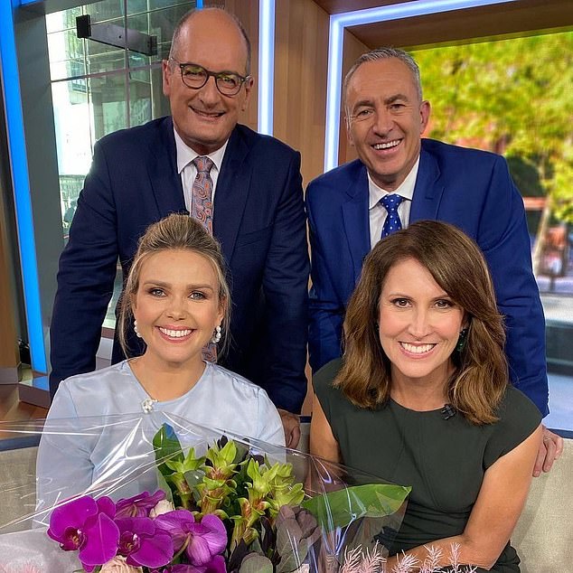 'It's a close-knit group there at Sunrise, always has been.  David Koch has always had a hand on Beretts' back.  He has been a tower of strength,” an insider told this week's New Idea magazine.  Pictured: Beretta with David 'Kochie' Koch, Natalie Barr and Edwina Bartholomew