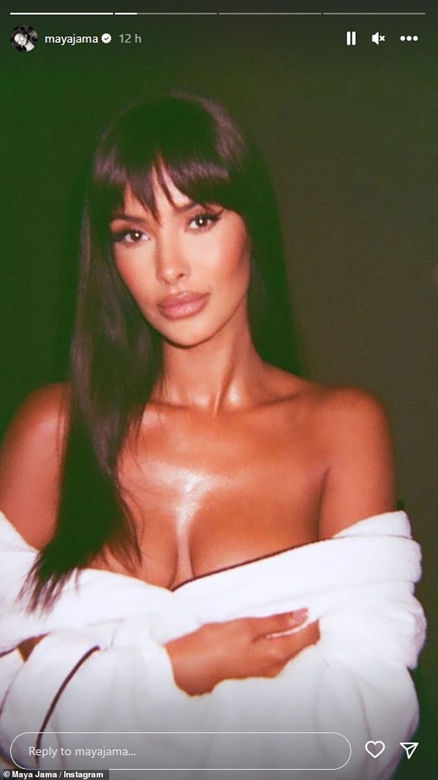 Sensational: Maya Jama raised temperatures on Sunday when she shared new photos posing alone in a white robe