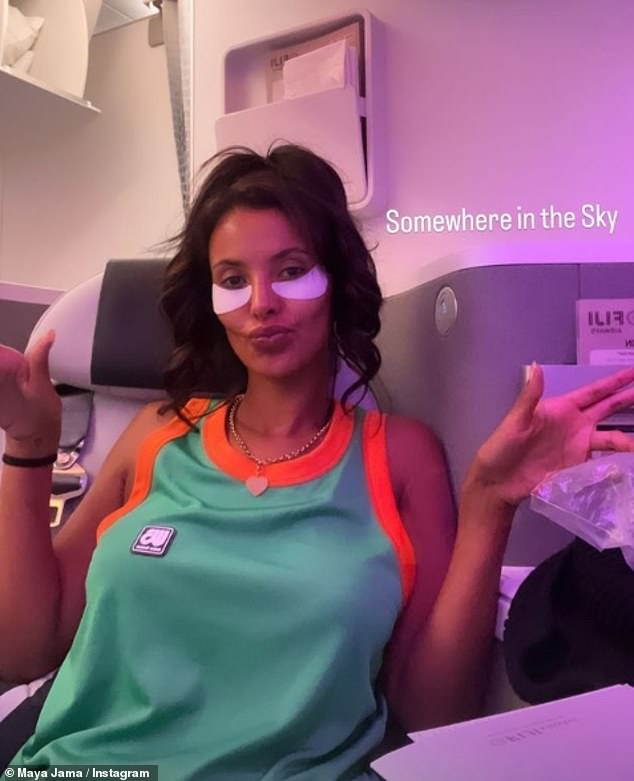 Traveling in style: Maya Jama relaxed with an eye mask as she shared snaps from her flight from Fiji on Friday, where she filmed the Love Island Games