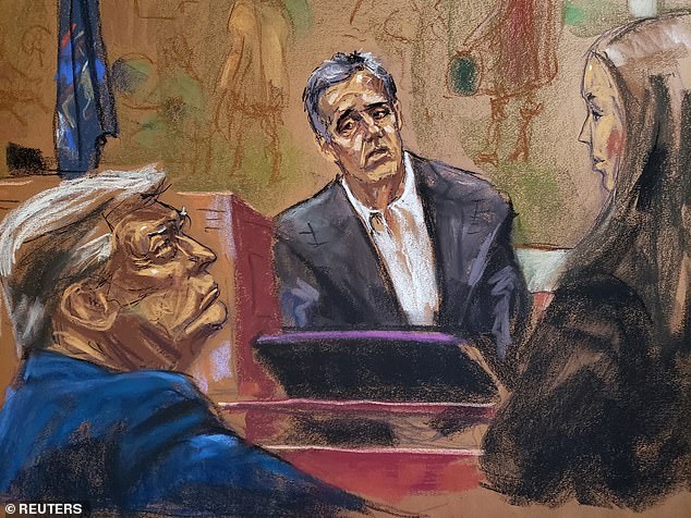 Michael Cohen looks at former President Donald Trump as he is questioned Tuesday by Colleen Faherty, a lawyer from the attorney general's office