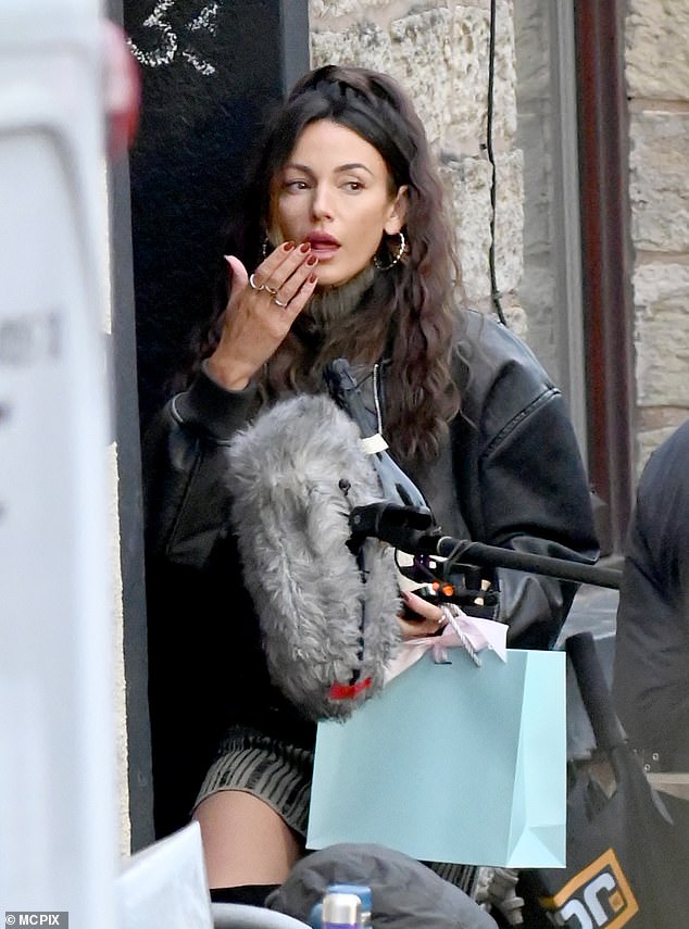 Gorgeous: Michelle Keegan, 36, looked stunning as she opted for wavy hair and a leather biker jacket to film her latest scenes of Sky comedy Brassic