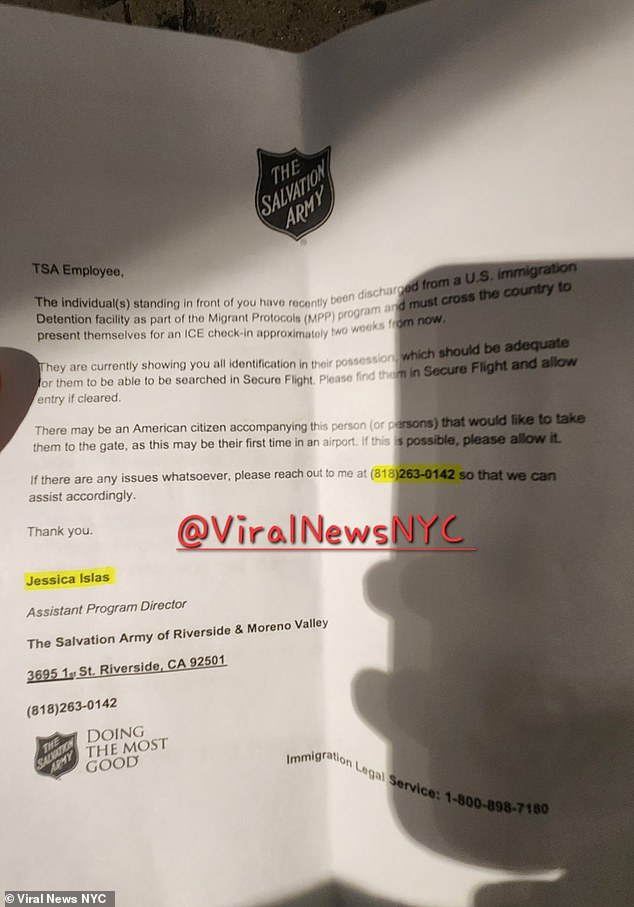 Salvation Army documents surfaced online this week, showing TSA airport staff received a note saying the migrants were to 'transit the country,' where they would await ICE check-ins