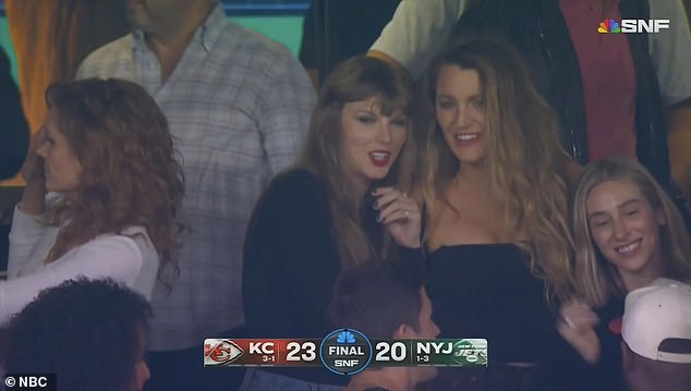 Swift watched the Chiefs' win over the Jets on Sunday with famous friends, including Blake Lively (second from right)