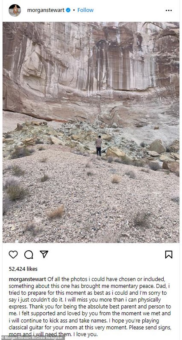 Sad news: The TV personality, 35, took to her Instagram where she shared a photo of her architect father - believed to be 80 - in a picturesque walking location and revealed the sad news