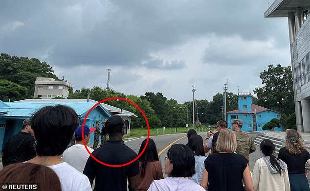 U.S. Army Private 2nd Class Travis King, circled, is pictured on a tour just before crossing the border into North Korea