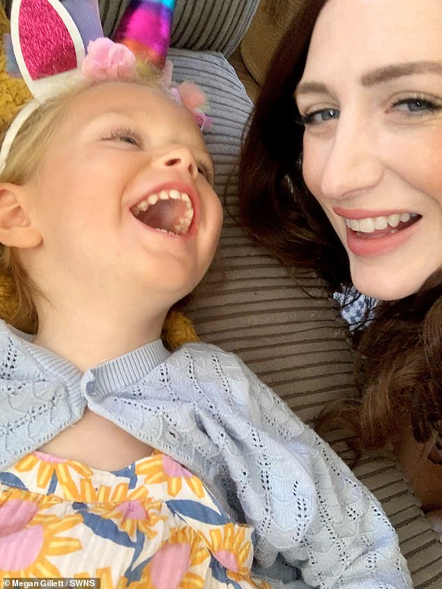 Three-year-old Nellie Gillett, from Brighton, was a 'healthy' baby and was developing as expected.  But in May 2022, when she was just one, her mother Megan noticed she was starting to look cross-eyed and had trouble walking, so she took her to the doctor.  In the photo Nellie with mother Megan