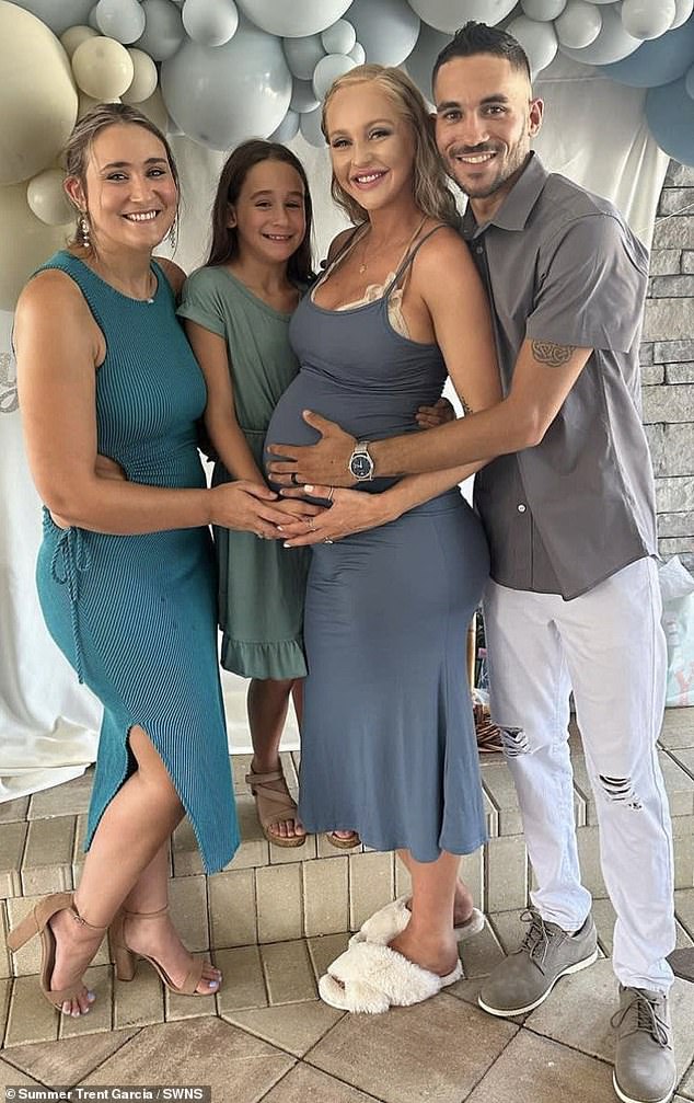 Summer Trent Garcia (center right) invited her husband JJ Garcia's (right) ex-wife, Dani Walsh (left), to be her birth doula.  JJ and Dani already share a child, Lydia Garcia (middle right)