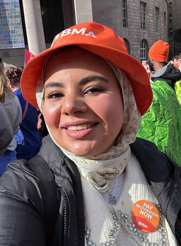 Dr.  Elwan is pictured here in her British Medical Association gear during the NHS industrial action organized by the union last week