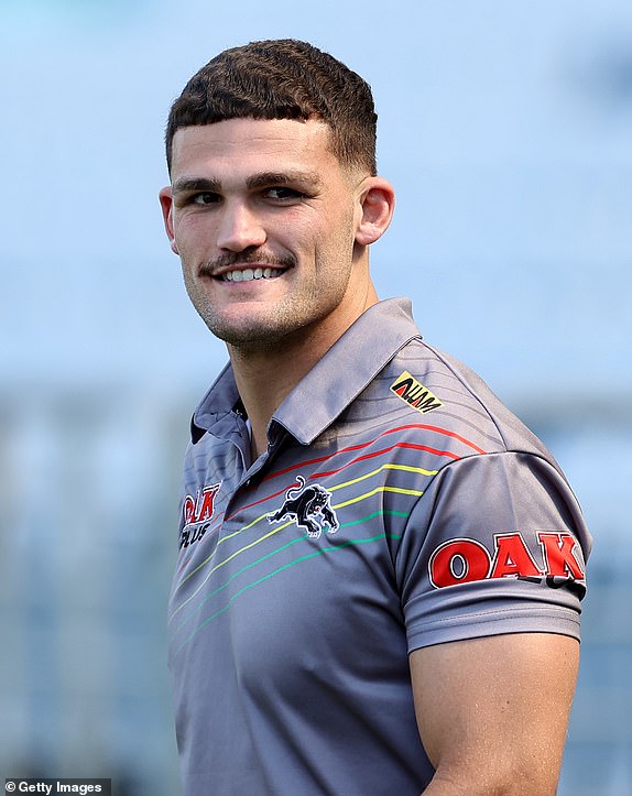 SYDNEY, AUSTRALIA - SEPTEMBER 30: Nathan Cleary of the Panthers looks on during a Penrith Panthers NRL captaincy at Accor Stadium on September 30, 2023 in Sydney, Australia.  (Photo by Brendon Thorne/Getty Images)