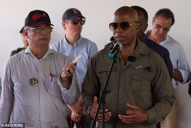 Wearing a military-style outfit and aviator glasses, the Democrat visited the port town of Necocli on Saturday as part of his four-day trip to Latin America