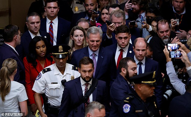 The move by Republican rebels to impeach McCarthy, as here swamped by reporters after a vote to oust him from the speaker's chair, has helped throw the House of Representatives into chaos.  Republicans were scheduled to meet Tuesday evening to try to chart a path forward