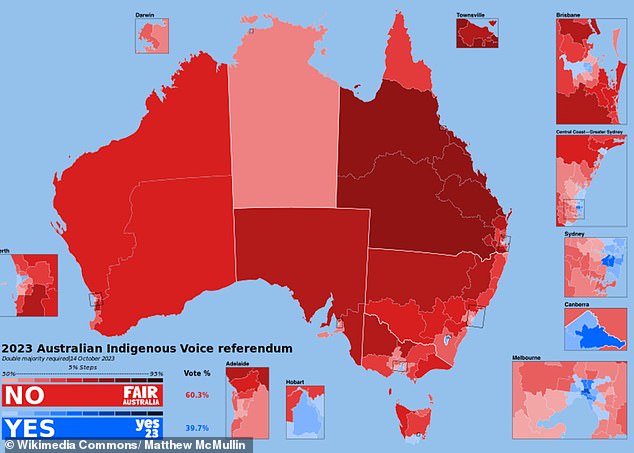 Every state in Australia returned a No result on Saturday night, with Queensland seeing the Voice's strongest rejection of any state or territory.  The darker the red, the bigger the No vote.  Blue represents countries that voted Yes