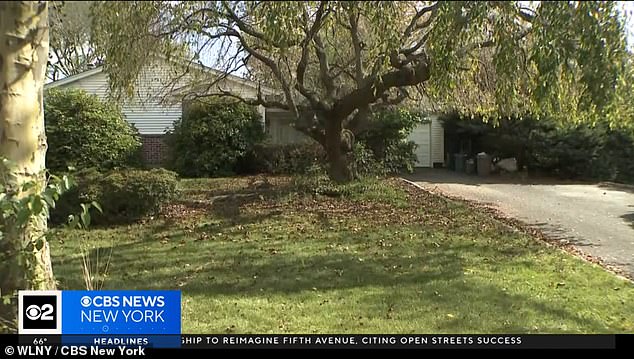 He confronted authorities with two swords and a fencing mask at his home (pictured) basement in East Northport, New York