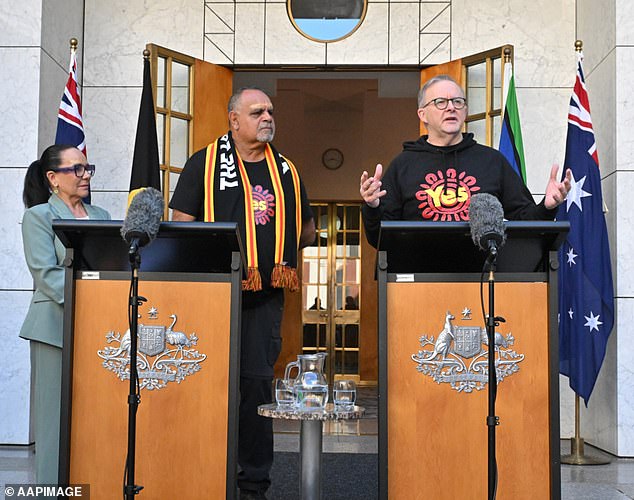 It comes after the Voice to Parliament referendum was soundly defeated earlier this month (photo L-R, Minister for Indigenous Australians Linda Burney, former AFL player Michael Long and Prime Minister Anthony Albanese)