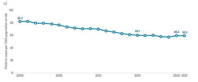 The graph shows the incidence of malaria cases, or cases per 1,000 people at risk, over time.  The incidence of malaria cases fell from 82.3 per 1,000 in 2000 to 57.2 in 2019, before rising by around four percent in 2020