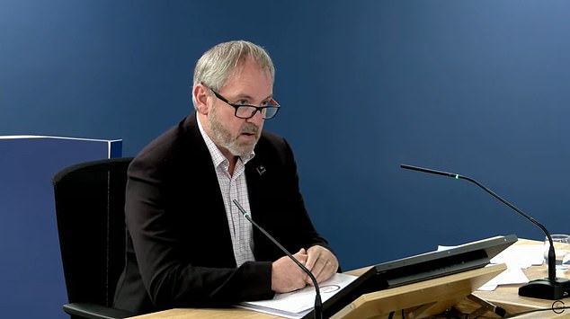 While giving evidence to the inquiry this afternoon, Professor Heneghan (pictured) was asked about email exchanges in which he was said to have been 'half-baked nonsense', called a 'bastard' by Dame Angela and accused of didn't understand.  'basic epidemiology'