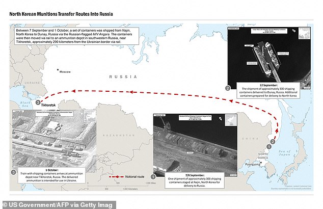 An image released by the US government on October 13, 2023, allegedly shows the transfer of military equipment from North Korea to Russia