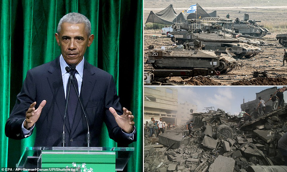 Former President Barack Obama called for a strategy to 'eliminate' Hamas even as he watches to protect civilians - with a stern warning that Israel's strategy to cut off water and power from Gaza could backfire for 'generations'.