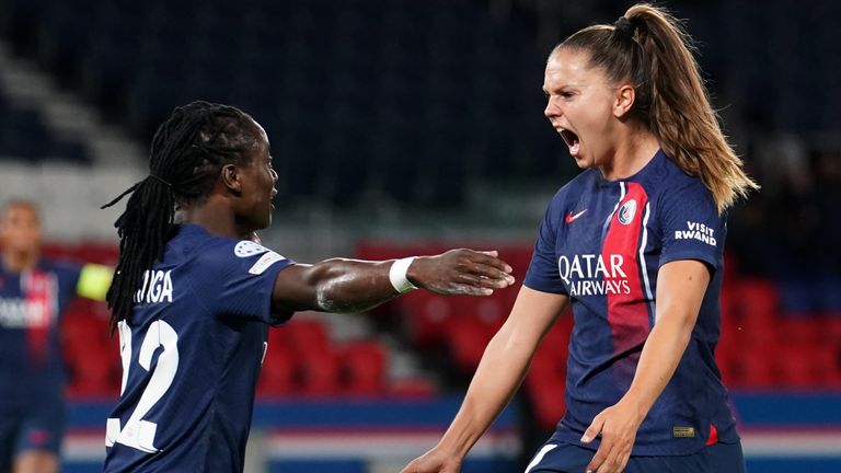 Paris Saint-Germain's Lieke Martens (centre) celebrates with Paris Tabitha Chawinga after scoring against Man Utd