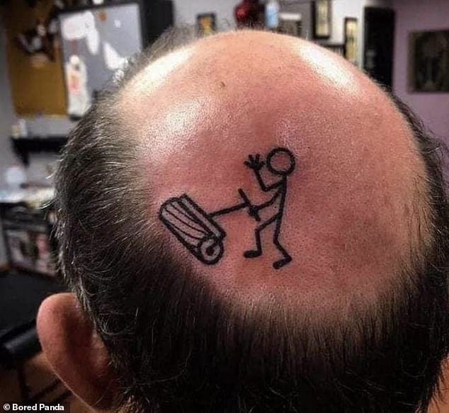 Some tattoos are downright bizarre, as these people from around the world have shared and Bored Panda has collected the most hilarious ones into a gallery.  A man with a receding hairline poked fun at himself by making a stick man mow a lawn with ink on the crown of his head