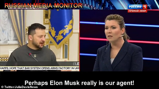 Russian state TV presenter Olga Skabeyeva (photo) describes the technology magnate on Russia-1 on Monday as 'Elon the Muscovite'