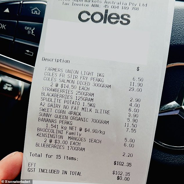 Senator Babet suggested his life is hard under the Albanian government and posted an image of his Coles receipt (pictured above) on social media as proof.  His followers did not react well.