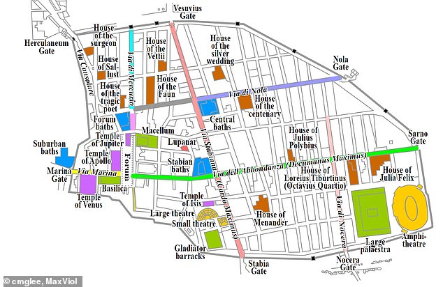 The inscriptions were found on the Via di Nola, one of Pompeii's longest streets (shown in purple on the earlier map of the city).