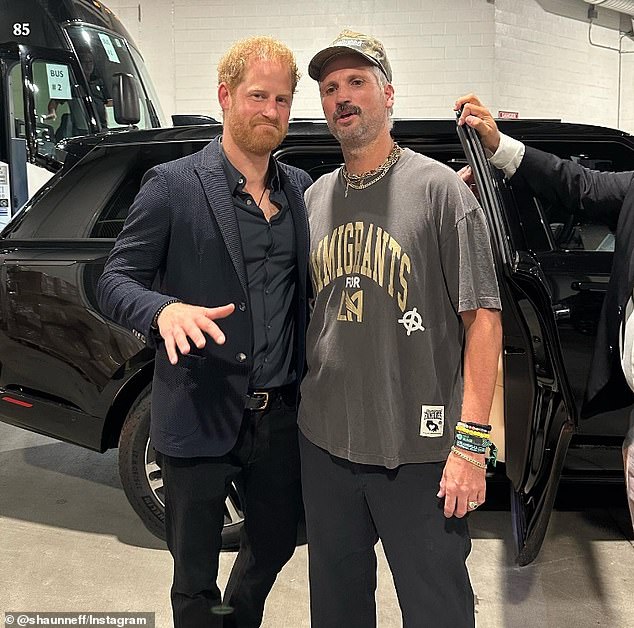Prince Harry has been spotted in a never-before-seen photo posing next to new LA Football Club owner Shaun Neff after a September match against Inter Miami