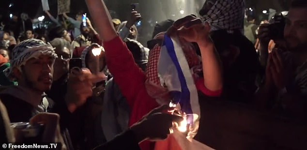 A pro-Palestinian protester was filmed burning the Israeli flag as demonstrators on both sides of the divide marched in Washington Square Park in New York City on Wednesday evening.