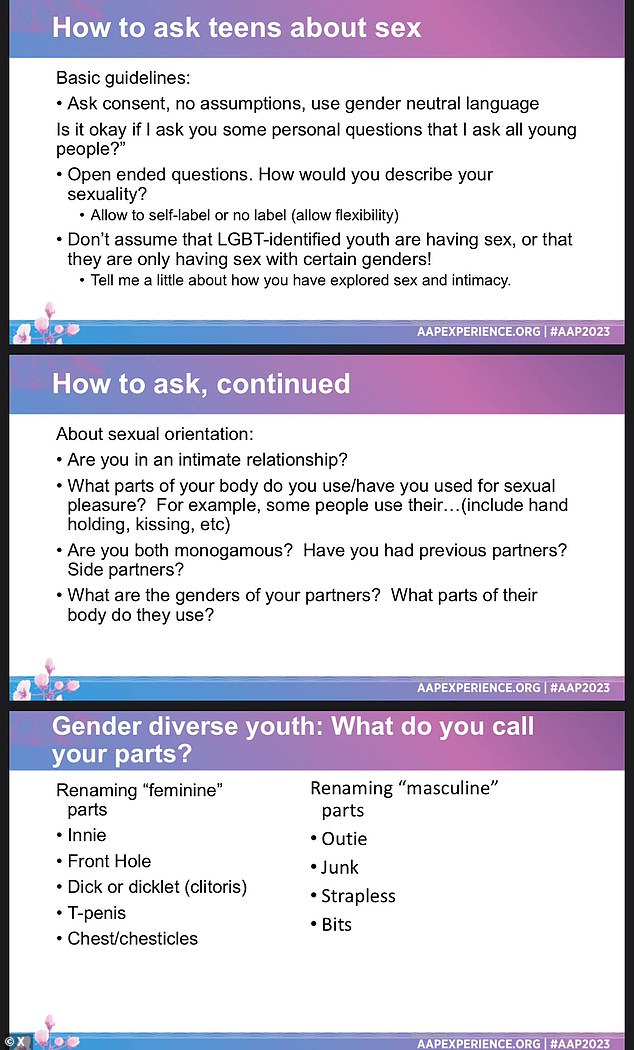 Slides from Dr. Ilana Sherer's presentation offer advice on how to talk to pediatric patients about gender and sexual identity, including new terms you can use to address genitalia