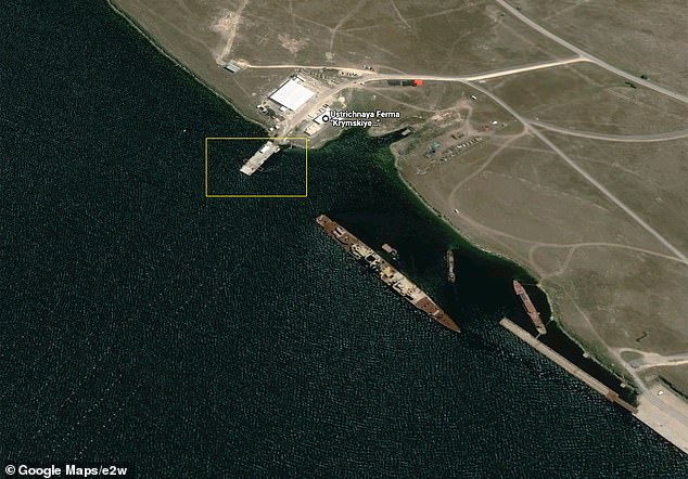 Satellite images (pictured) now show dolphin sea pens at Novozerne, 90 kilometers north, closer to where Ukrainian special forces raided and landed on the Crimean Peninsula